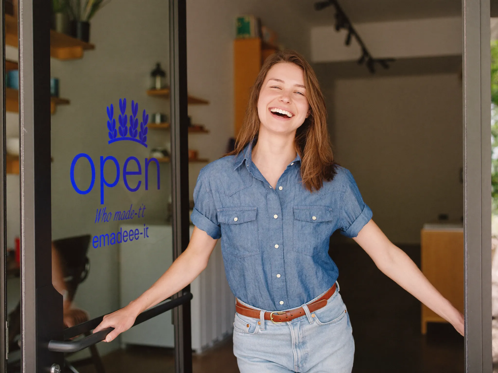 A founder standing proudly in the doorway of their newly opened business
